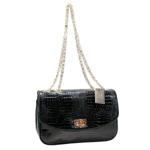 Amrita Singh Black Croc Faux Patent Jumbo Flap Bag